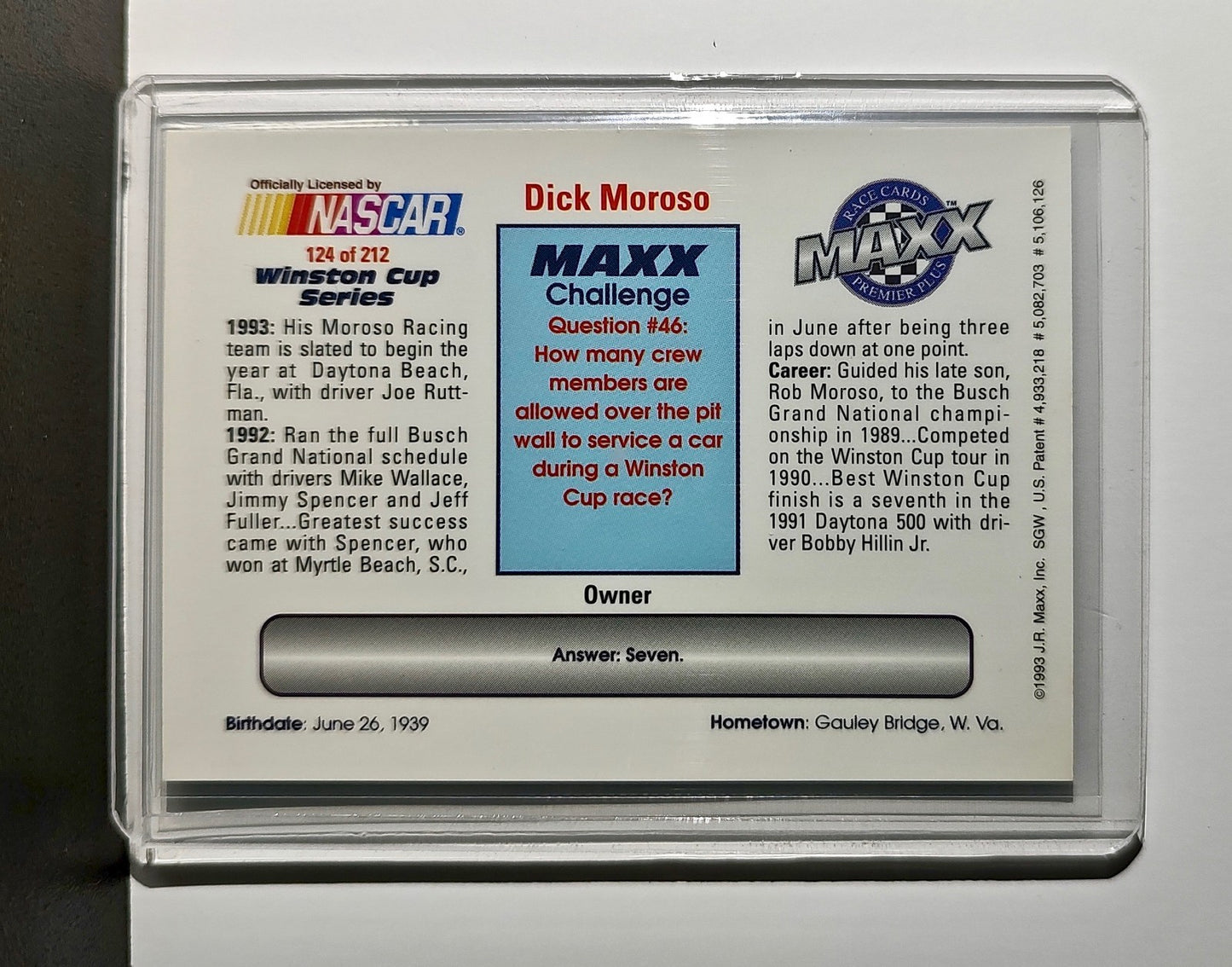 Dick Moroso 1993 Maxx Premier Plus Racing #124 NASCAR Card Moroso Performance