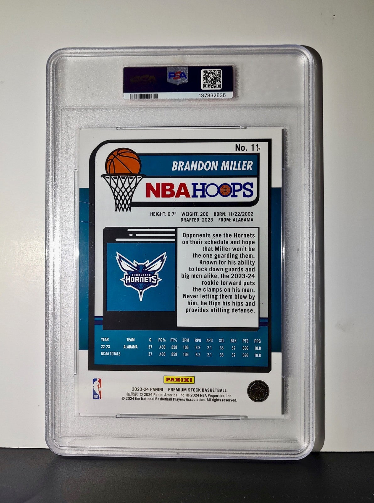 Brandon Miller 2023 Panini Premium Stock NBA Hoops #11 Jumbo Rookie PSA 6 EX-MT