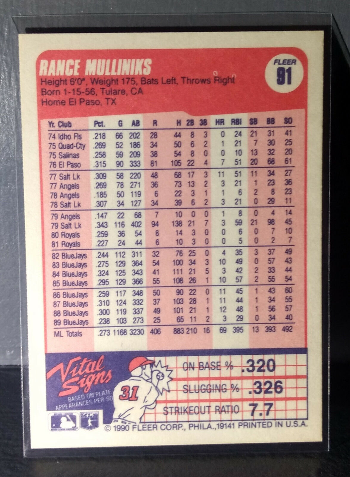 1990 Rance Mulliniks Fleer Baseball Card #91