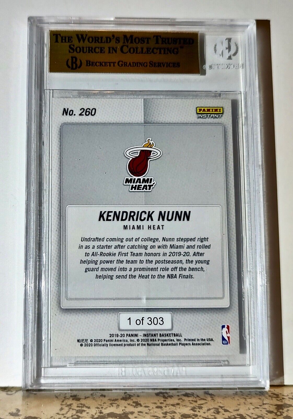 Kendrick Nunn 2019-20 Panini NBA #260 Rookie Card 1 of 303 BGS 9 Mint Miami Heat