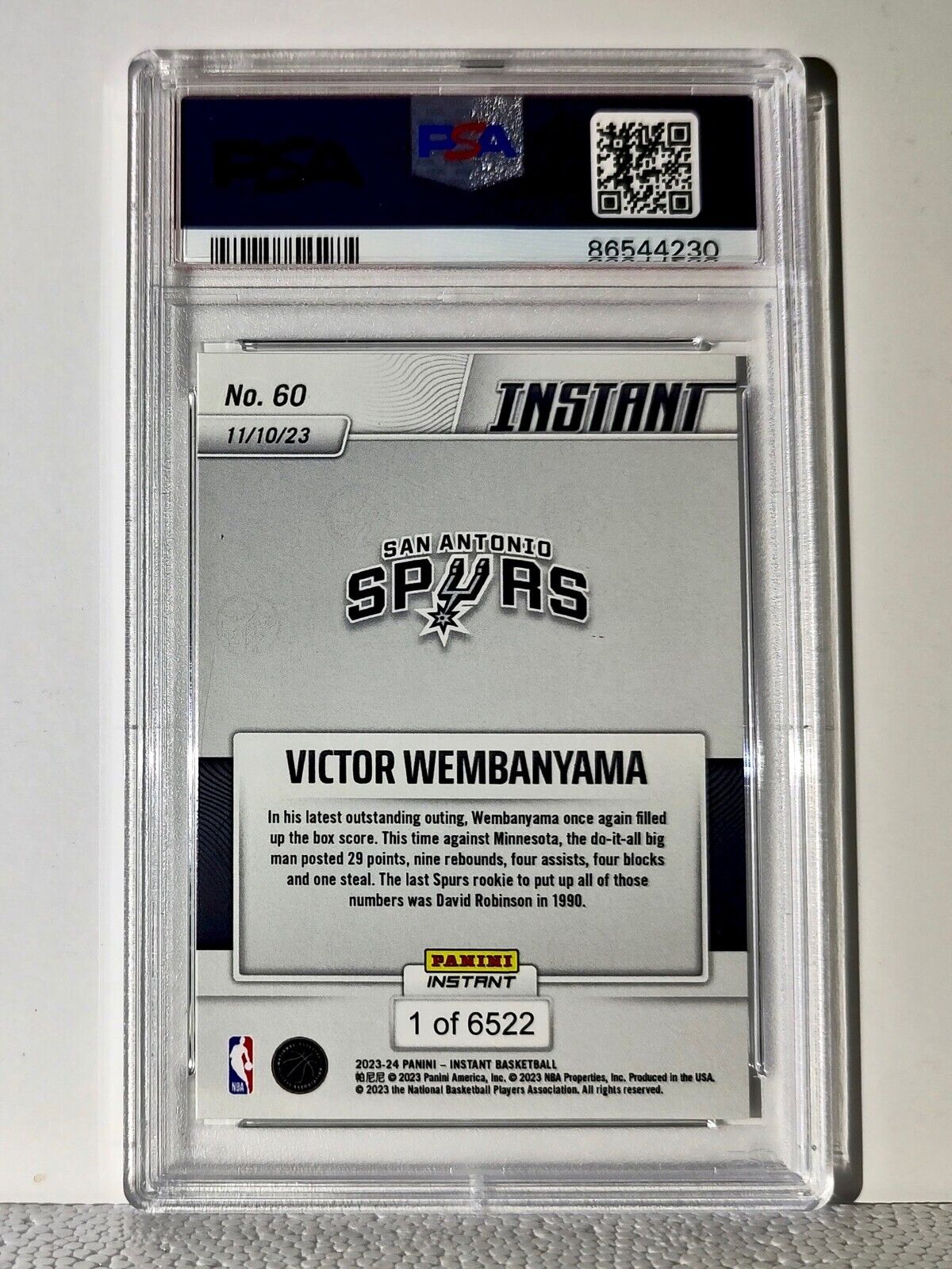 Victor Wembanyama 2023-24 Panini #60 NBA Rookie Card Spurs 1 of 6522 PSA 9 Mint