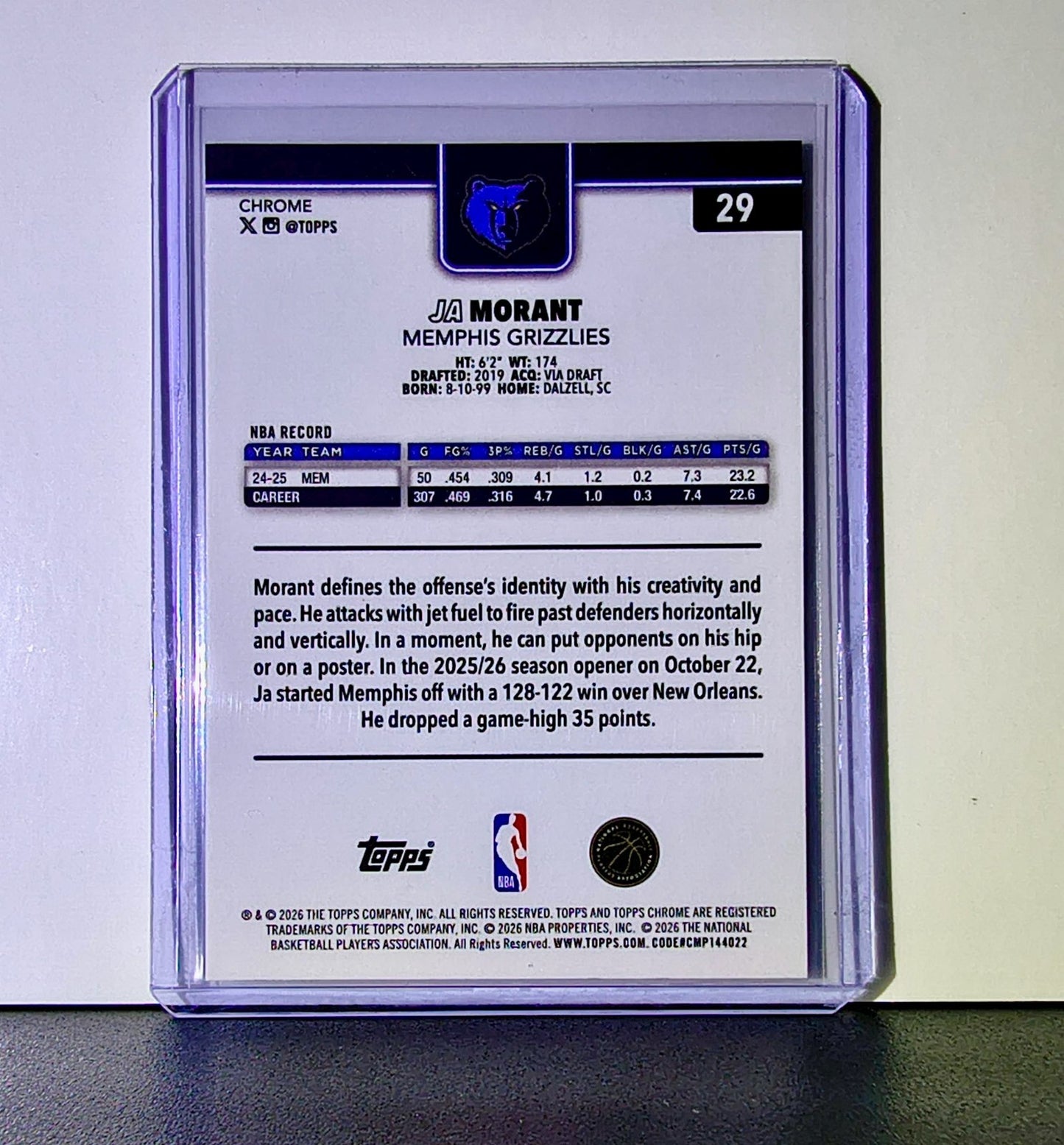 Ja Morant 2025-26 NBA Topps Chrome Update #29 Basketball Card Memphis Grizzlies