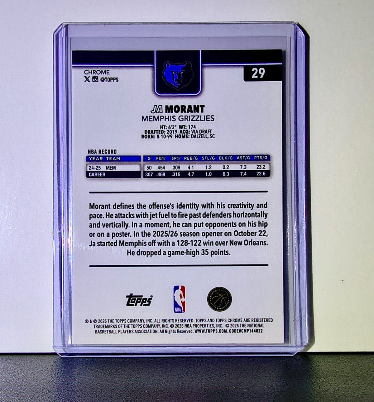 Ja Morant 2025-26 NBA Topps Chrome Update #29 Basketball Card Memphis Grizzlies