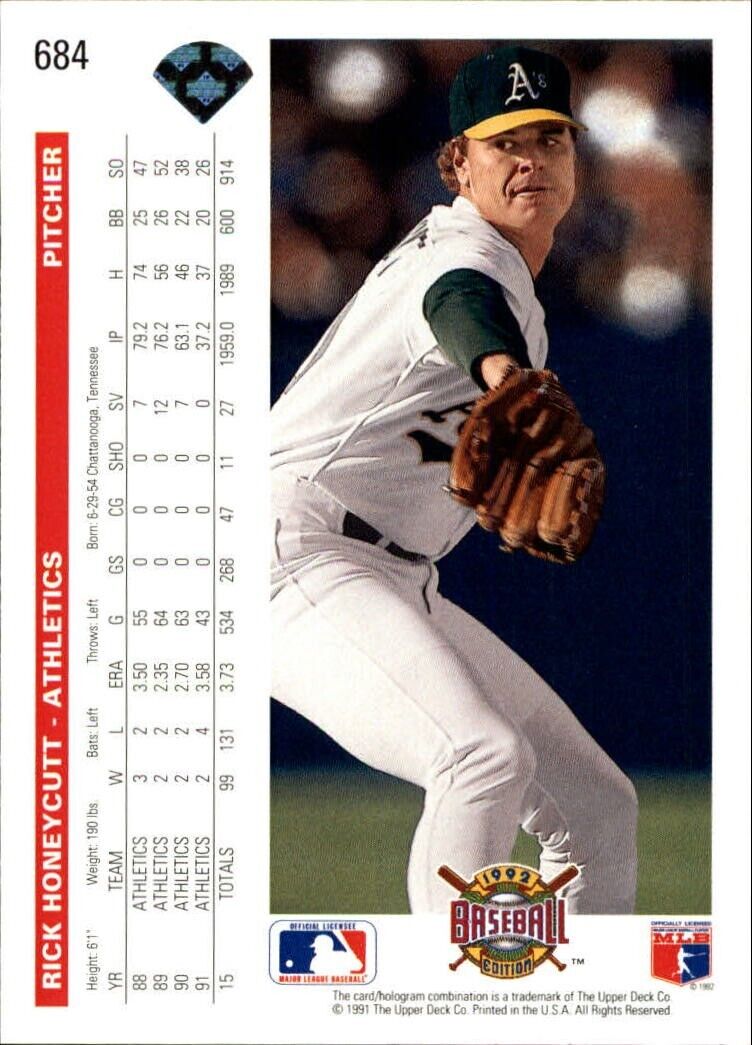 Rick Honeycutt 1992 Upper Deck MLB #684 Baseball Card Oakland Athletics