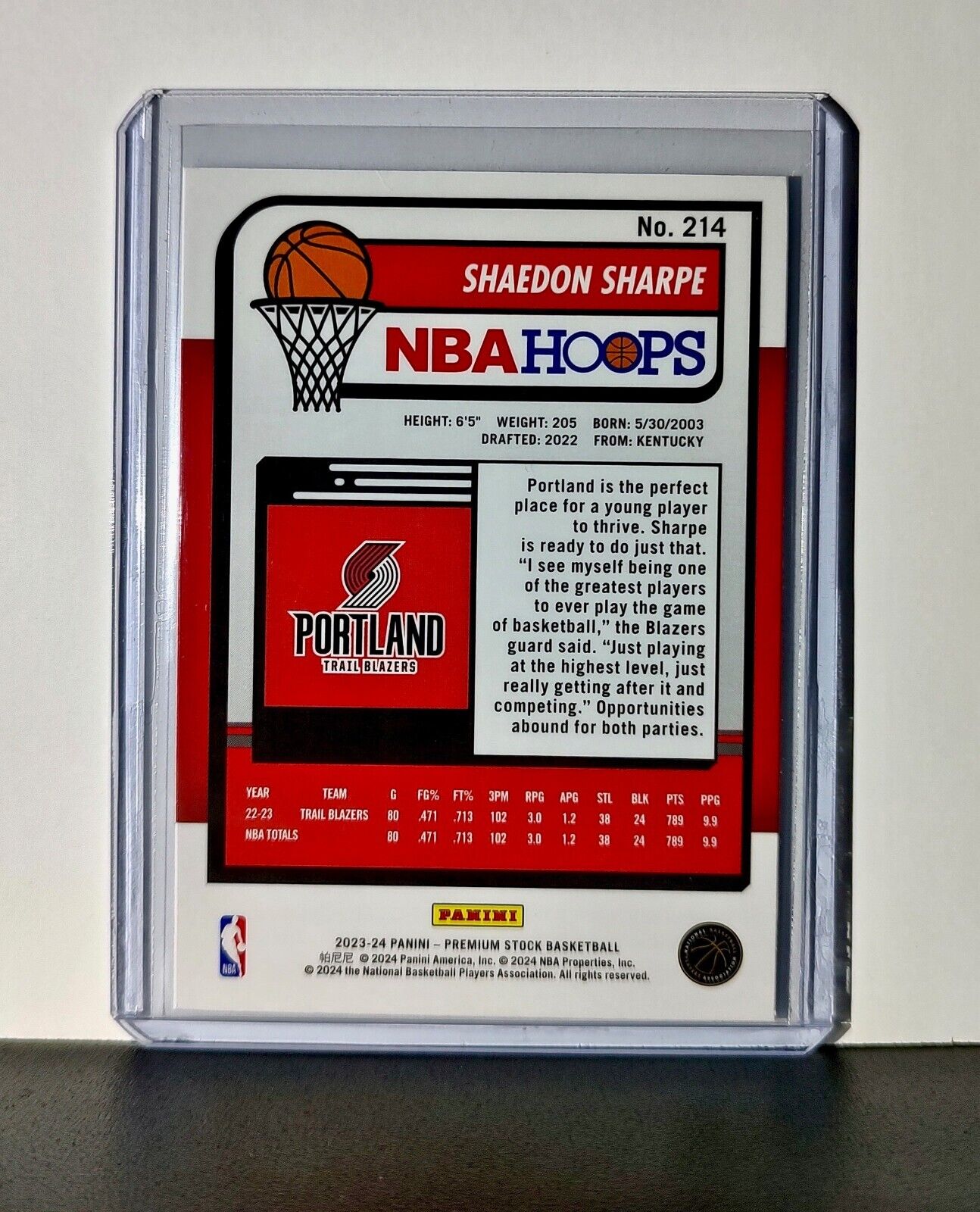 Shaedon Sharpe 2023-24 Panini Premium Stock NBA Hoops #214 Card Trail Blazers