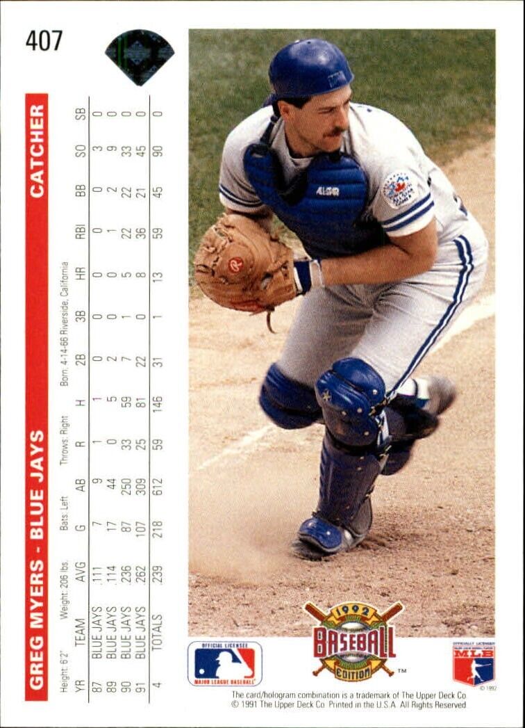 Greg Myers 1992 Upper Deck MLB #407 Baseball Card Toronto Blue Jays