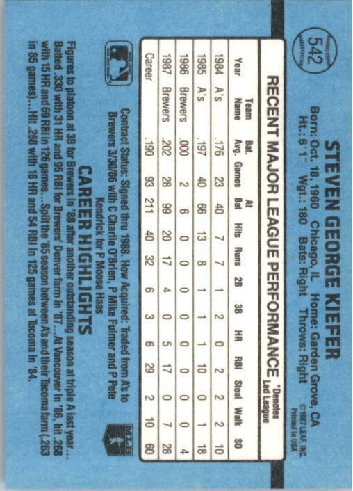 1988 Steve Kiefer Donruss Baseball Card #542