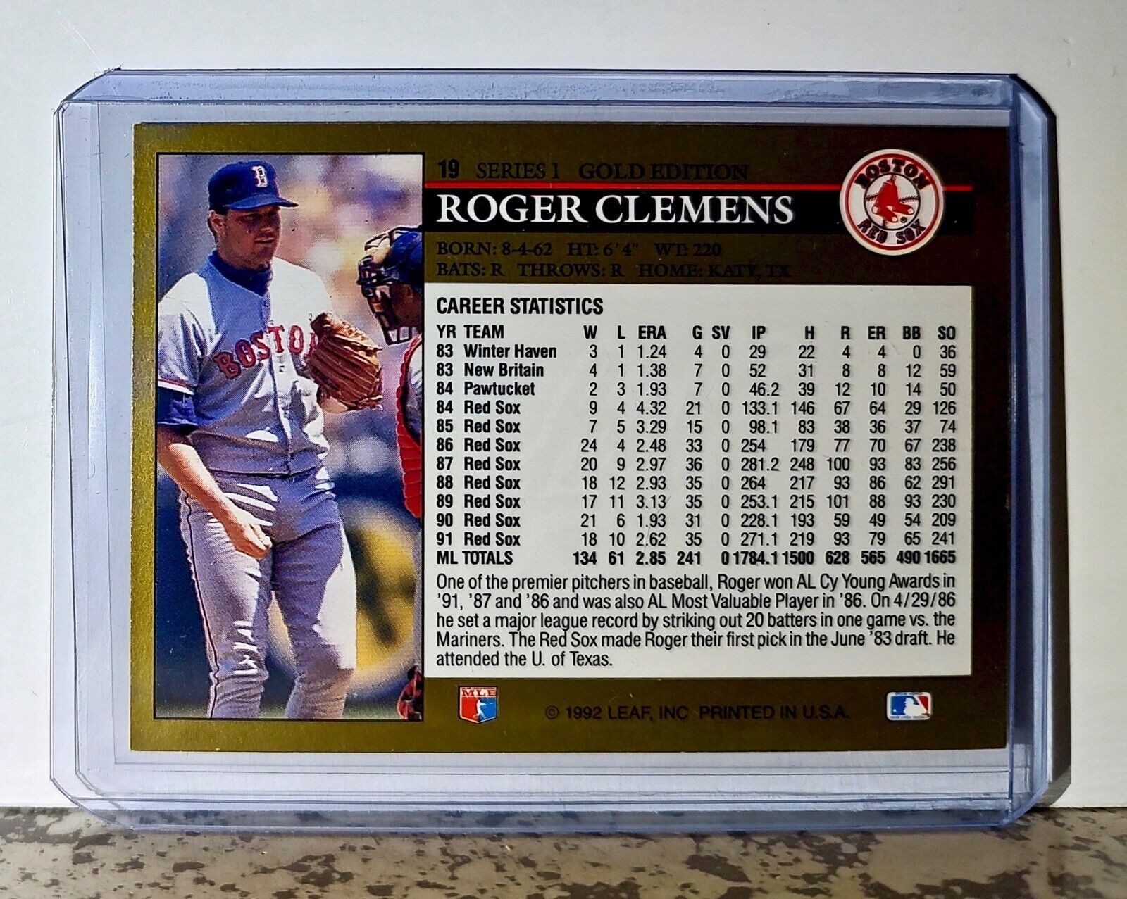 Roger Clemens 1992 Leaf MLB #19 Gold Edition Baseball Card Boston Red Sox