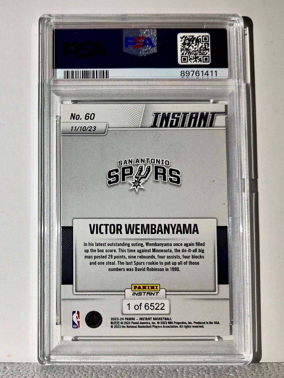 Victor Wembanyama 2023-24 Panini #60 NBA Rookie Card Spurs 1 of 6522 PSA 8 NM-MT