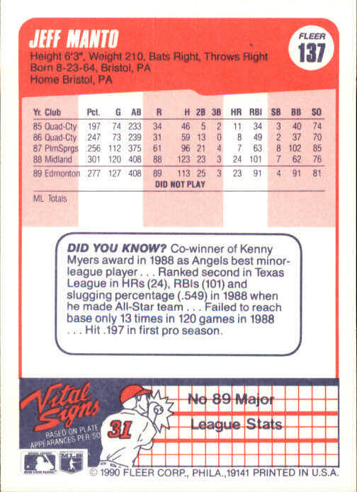 1990 Jeff Manto Fleer Baseball Card #137
