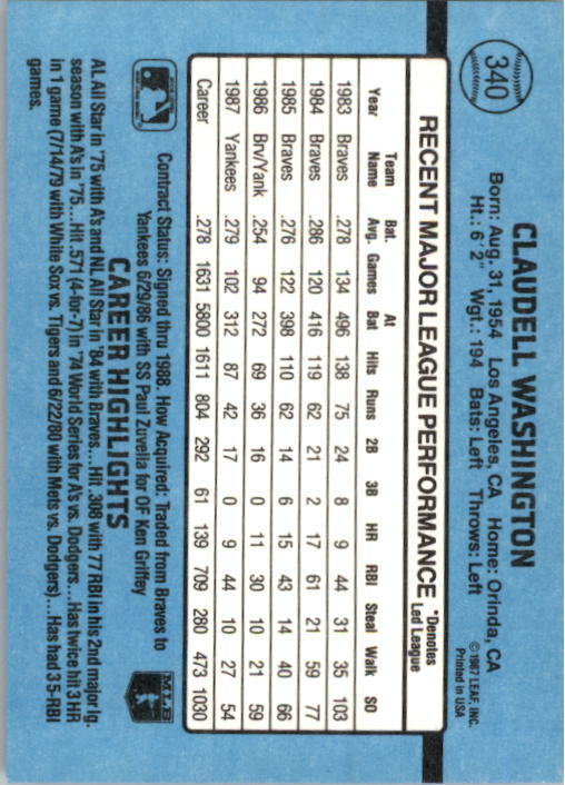 1988 Claudell Washington Donruss Baseball Card #340