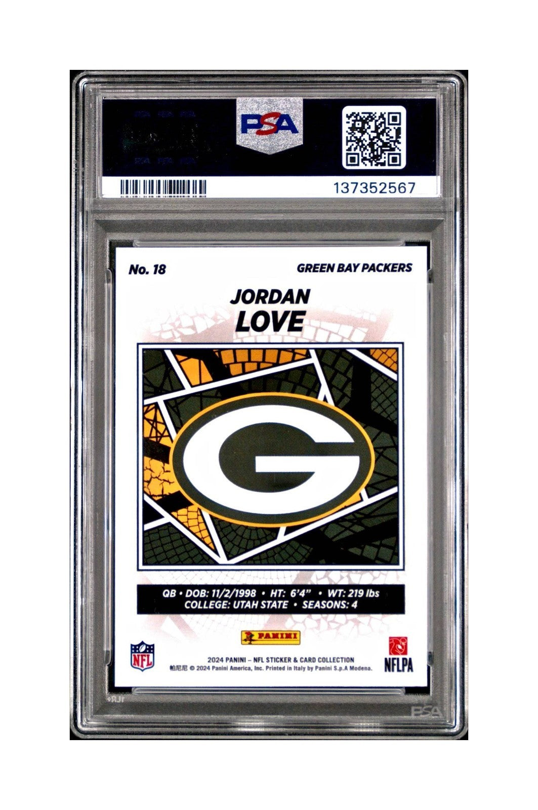 Jordan Love 2024 Panini Sticker Collection 024/099 #18 Purple Foil PSA 8 NM-MT
