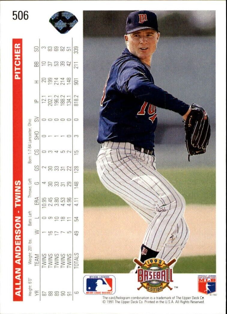 Allan Anderson 1992 Upper Deck MLB #506 Baseball Card Minnesota Twins