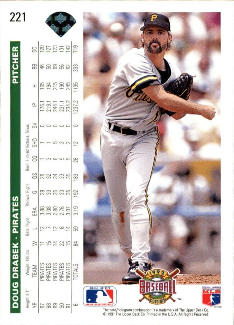 Doug Drabek 1992 Upper Deck MLB #221 Baseball Card Pittsburgh Pirates