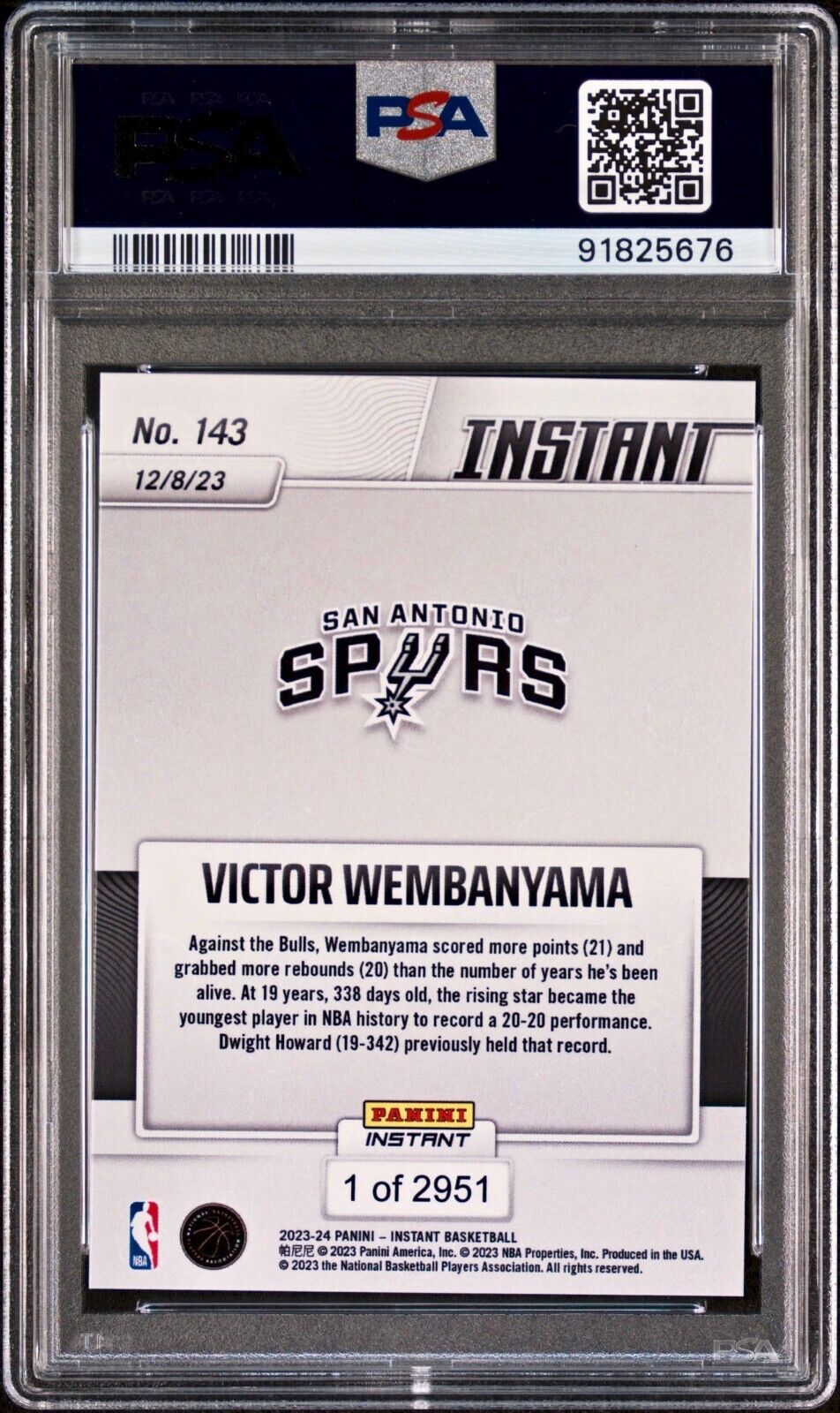 Victor Wembanyama 2023-24 Panini #143 NBA Rookie Basketball Card 1 of 2951 PSA 9