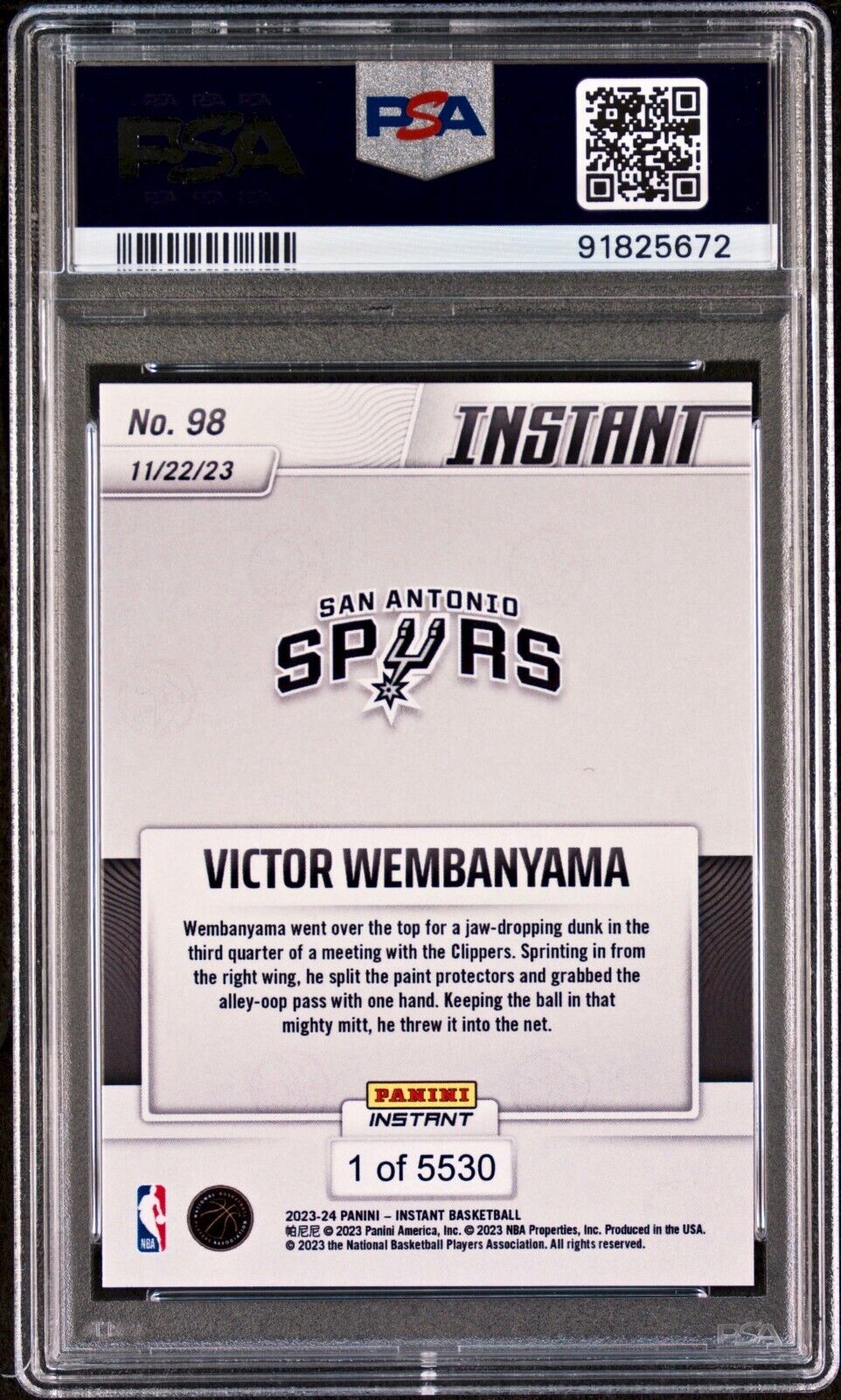 Victor Wembanyama 2023-24 Panini #98 NBA Rookie Card Spurs 1 of 5530 PSA 9 Mint