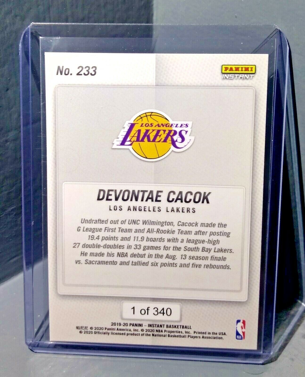 Devontae Cacok 2019-20 Panini NBA Instant Lakers #233 Basketball Card 1 of 340