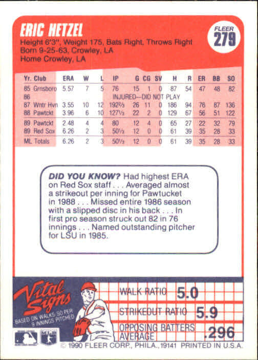 1990 Eric Hetzel Fleer Baseball Card #279