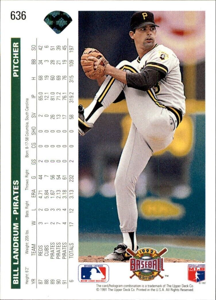 Bill Landrum 1992 Upper Deck MLB #636 Baseball Card Pittsburgh Pirates