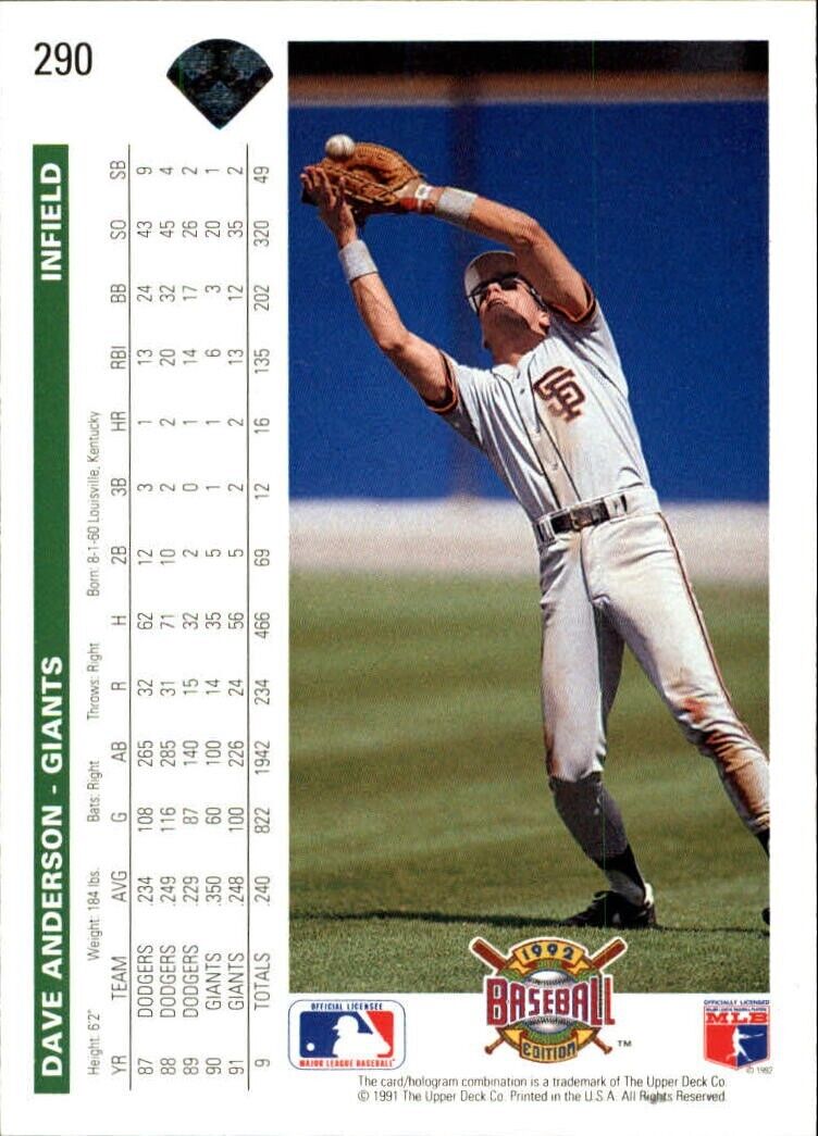 Dave Anderson 1992 Upper Deck MLB #290 Baseball Card San Francisco Giants