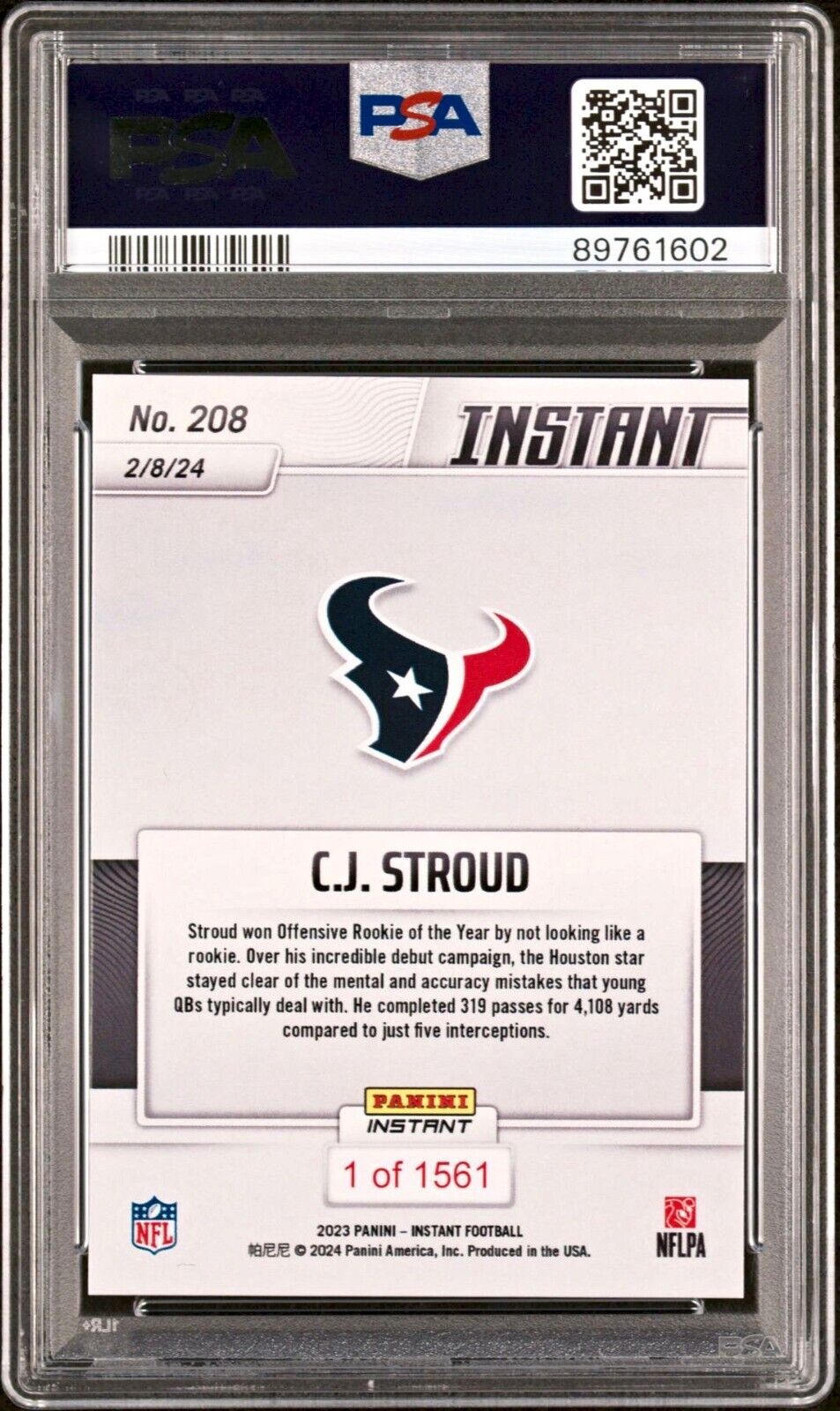 C. J. Stroud 2023 Panini NFL Rookie of Year Football #208 Card 1 of 1561 PSA 9