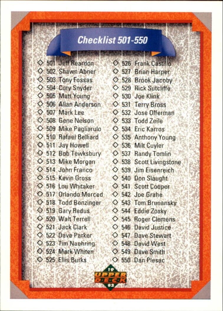 Checklist 501-600 1992 Upper Deck MLB #600 Baseball Card