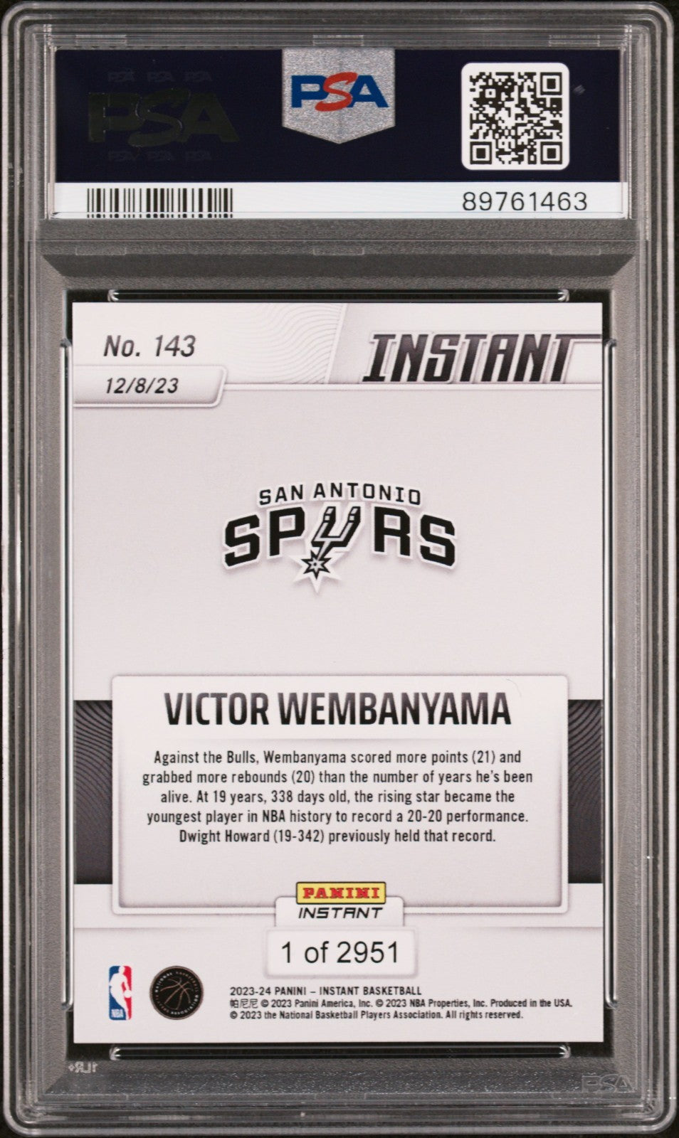 Victor Wembanyama 2023-24 Panini #143 NBA Rookie Basketball Card PSA 10 Gem Mint