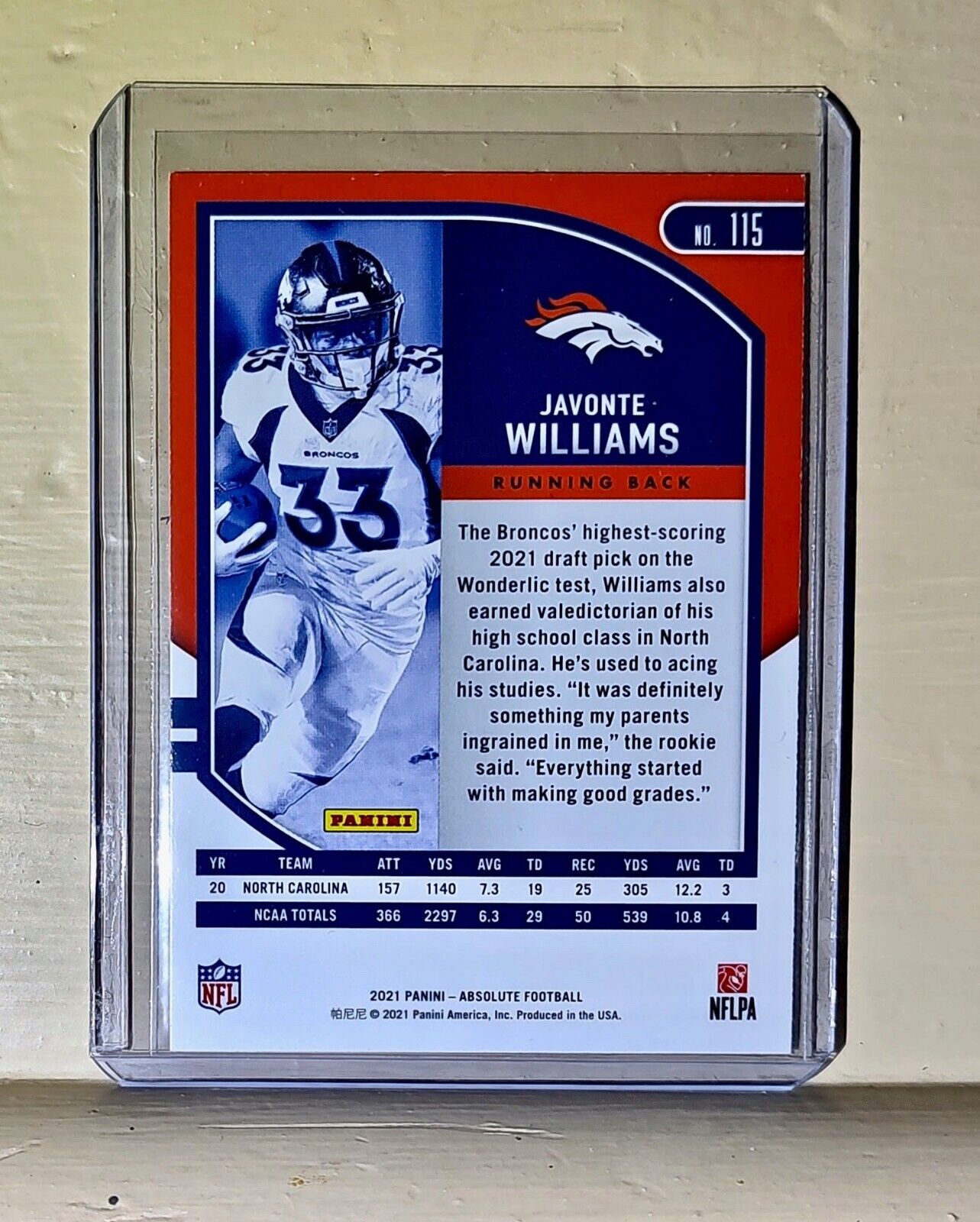 JaVonte Williams 2021 Panini NFL Absolute Football #115 Rookie Card Broncos