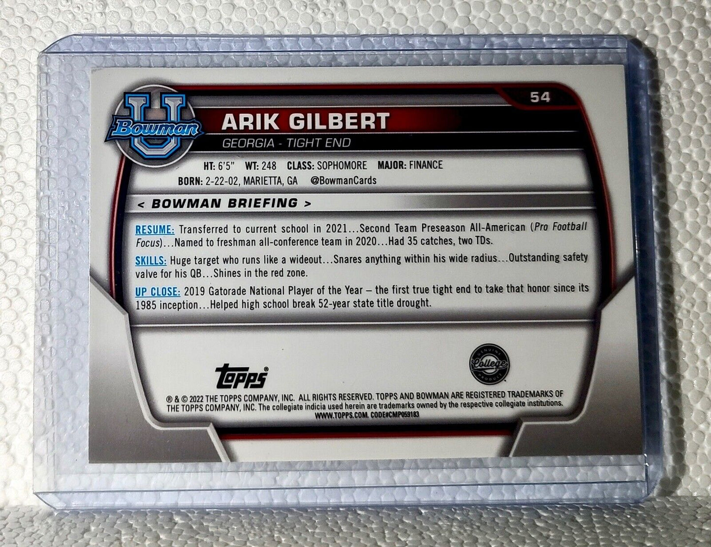 Arik Gilbert 2022 Topps 1st Bowman U Football #54 Card Georgia