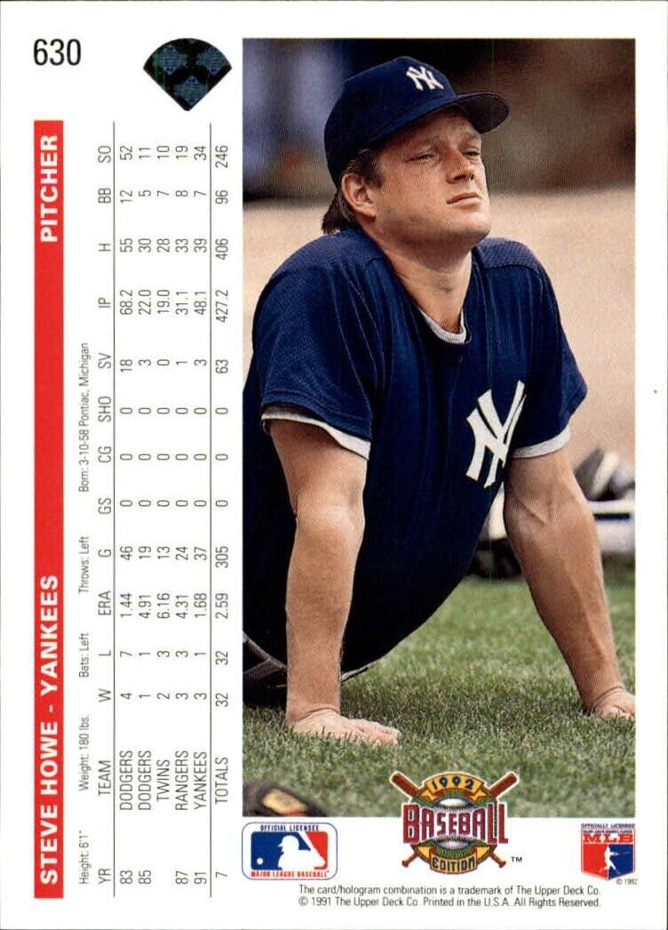 Steve Howe 1992 Upper Deck MLB #630 Baseball Card New York Yankees