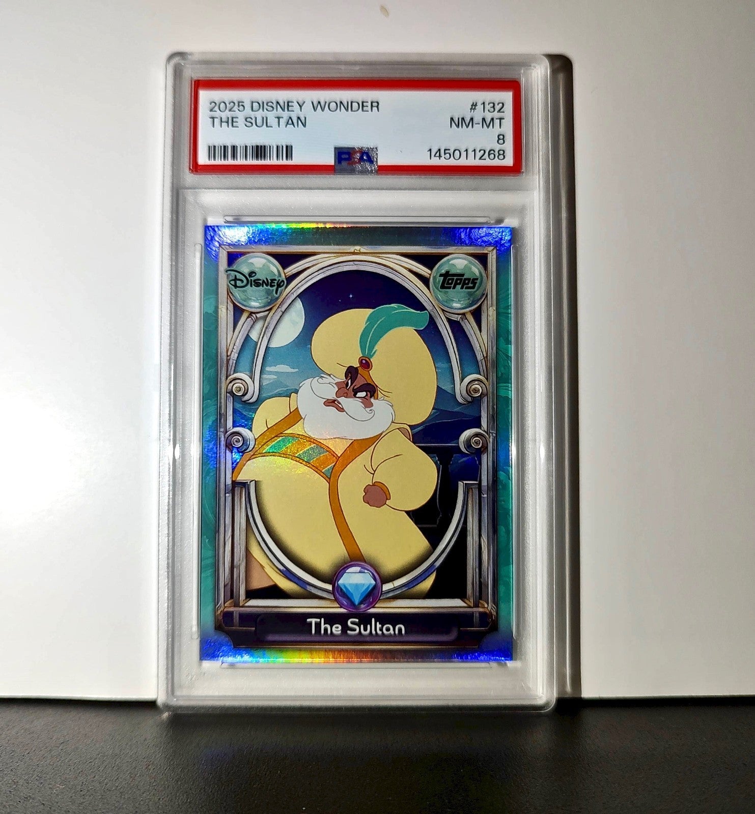 The Sultan 2025 Topps Disney Wonder #132 Diamond Card Alladin PSA 8
