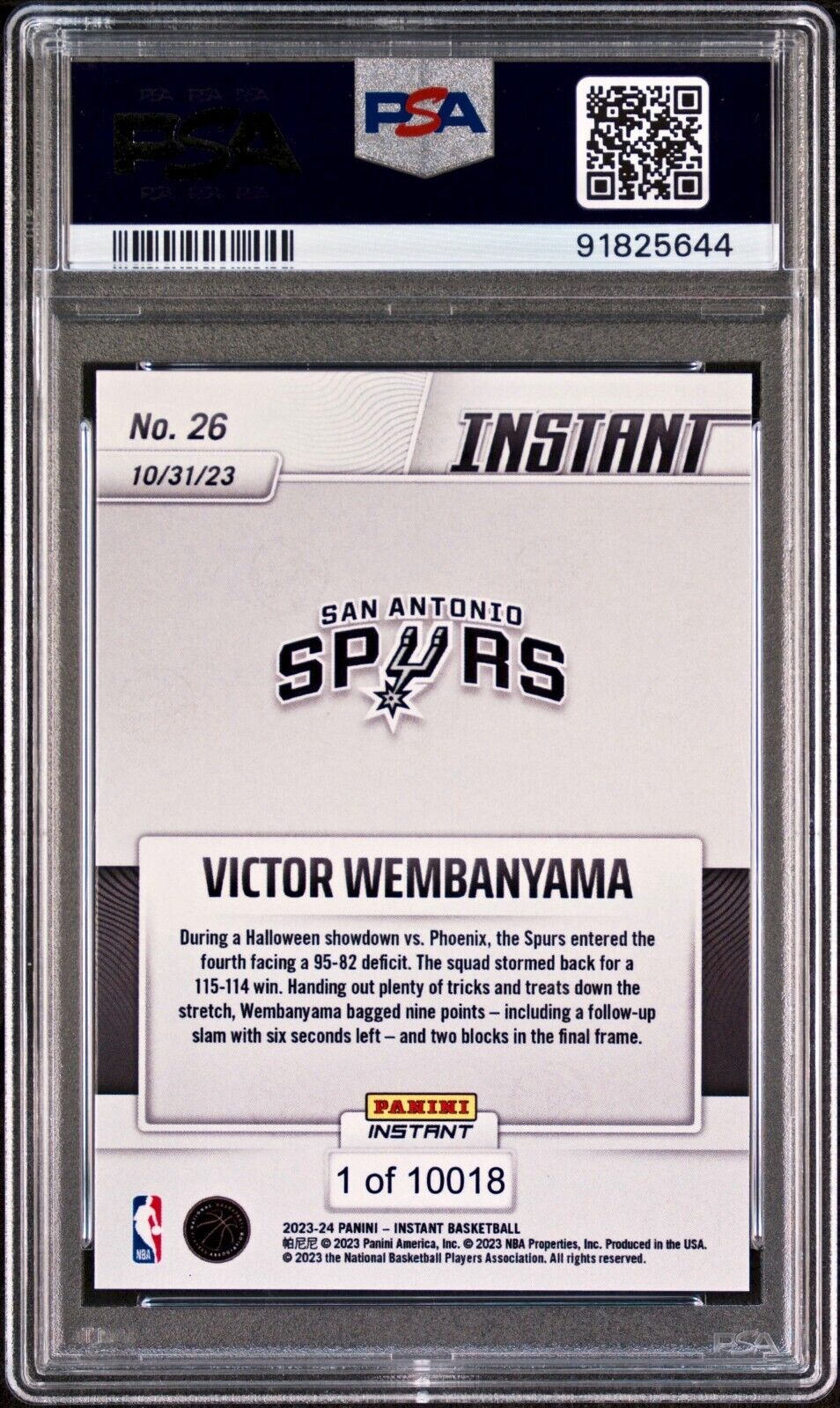 Victor Wembanyama 2023-24 Panini #26 NBA Rookie Card Spurs 1 of 10018 PSA 10 Gem