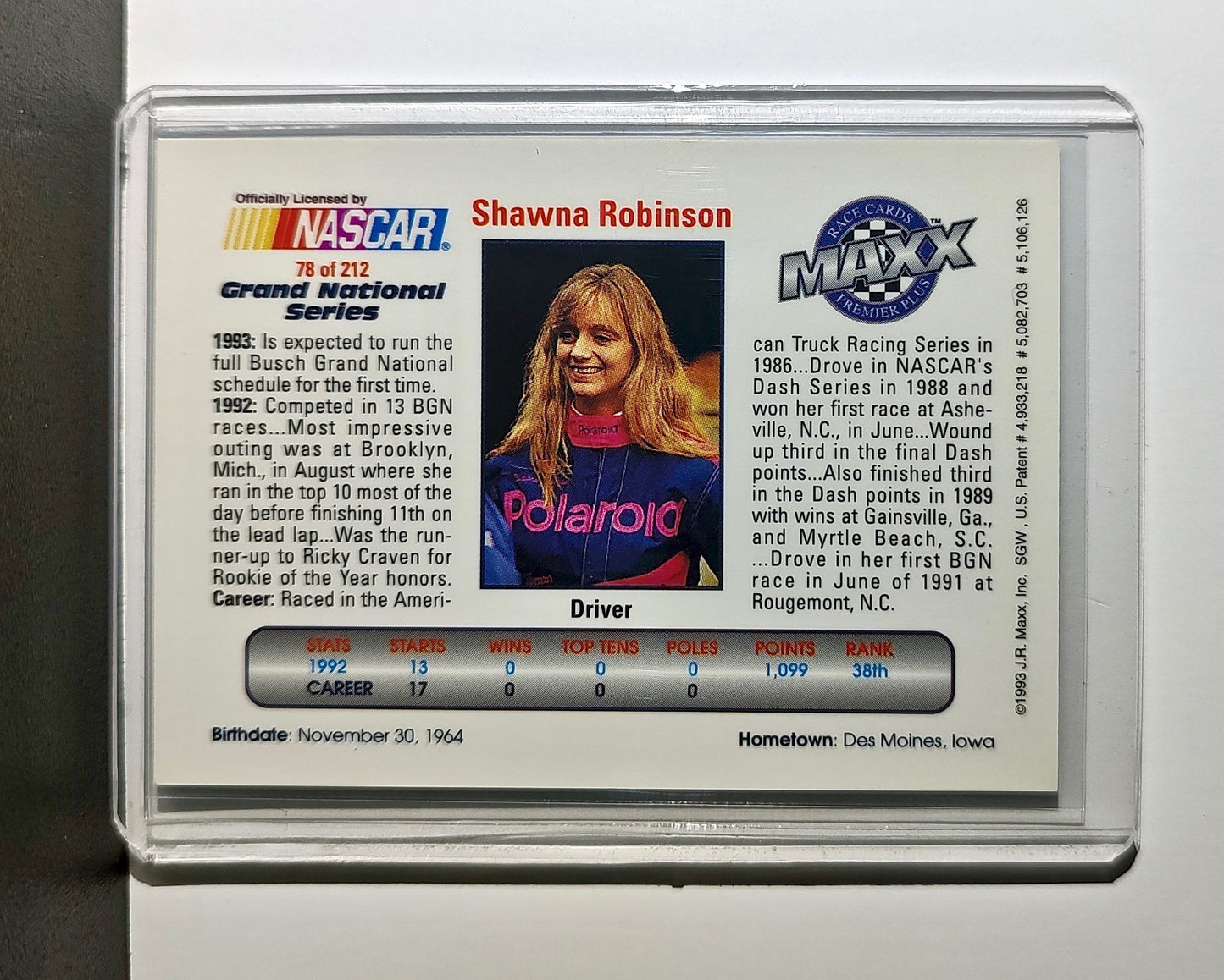 Shawna Robinson 1993 Maxx Premier Plus Racing #78 NASCAR Card Laughlin Racing