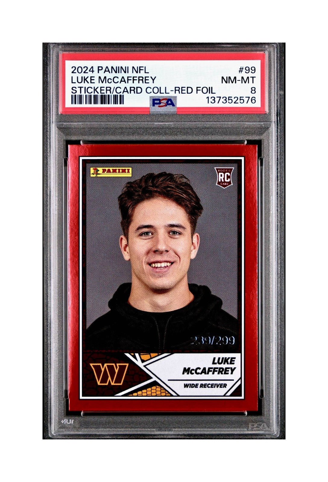 Luke McCaffrey 2024 Panini Sticker Collection 239/299 #99 Rookie Red Foil PSA 8 