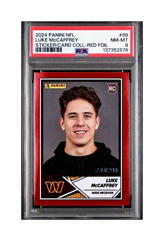 Luke McCaffrey 2024 Panini Sticker Collection 239/299 #99 Rookie Red Foil PSA 8 