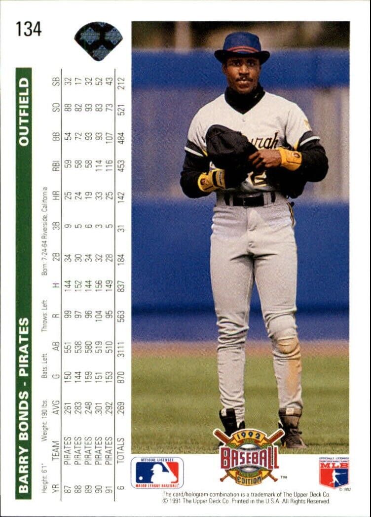 Barry Bonds 1992 Upper Deck MLB #134 Baseball Card Pittsburgh Pirates