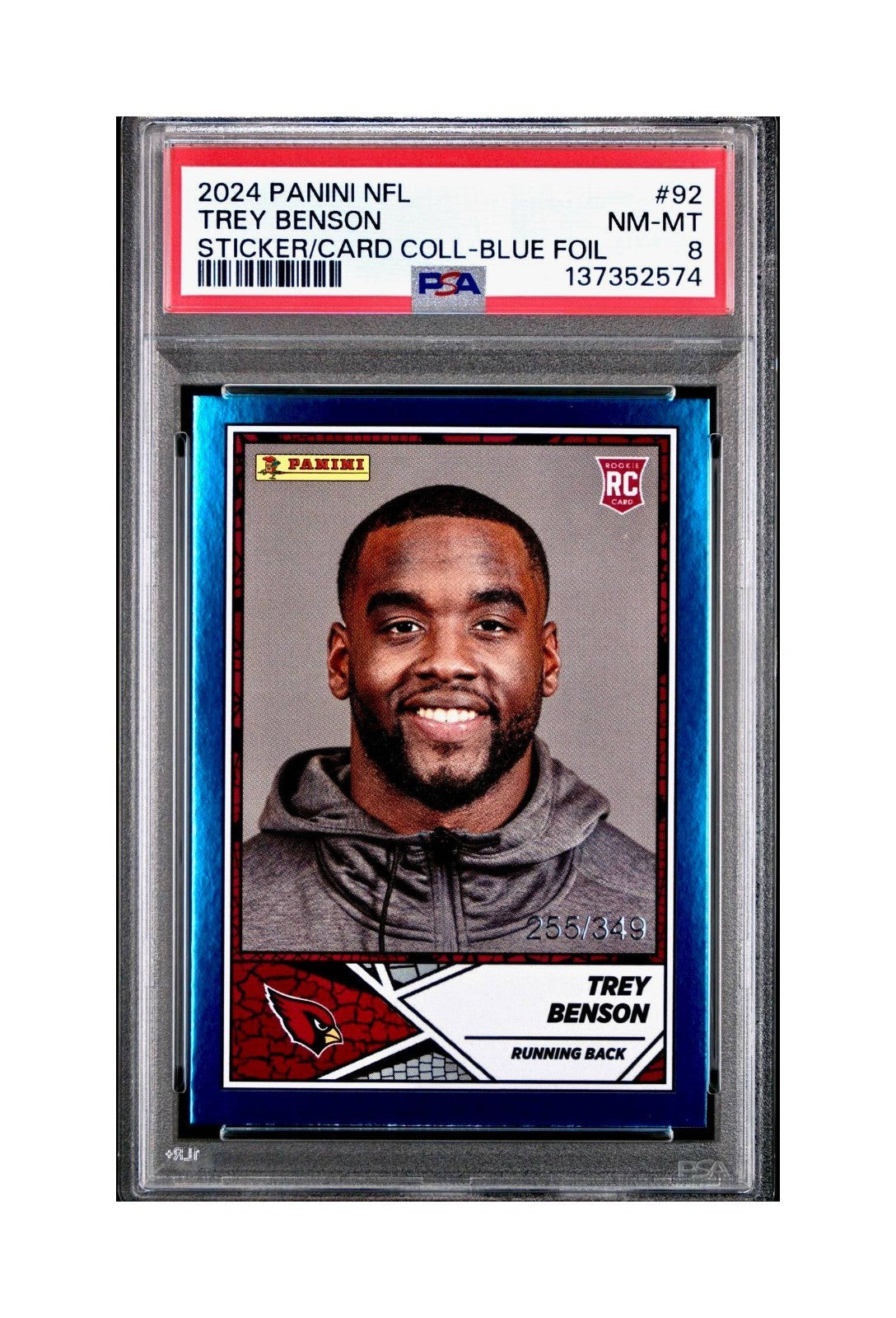 Trey Benson Rookie 2024 Panini Sticker Collection 255/349 #92 Blue Foil PSA 8