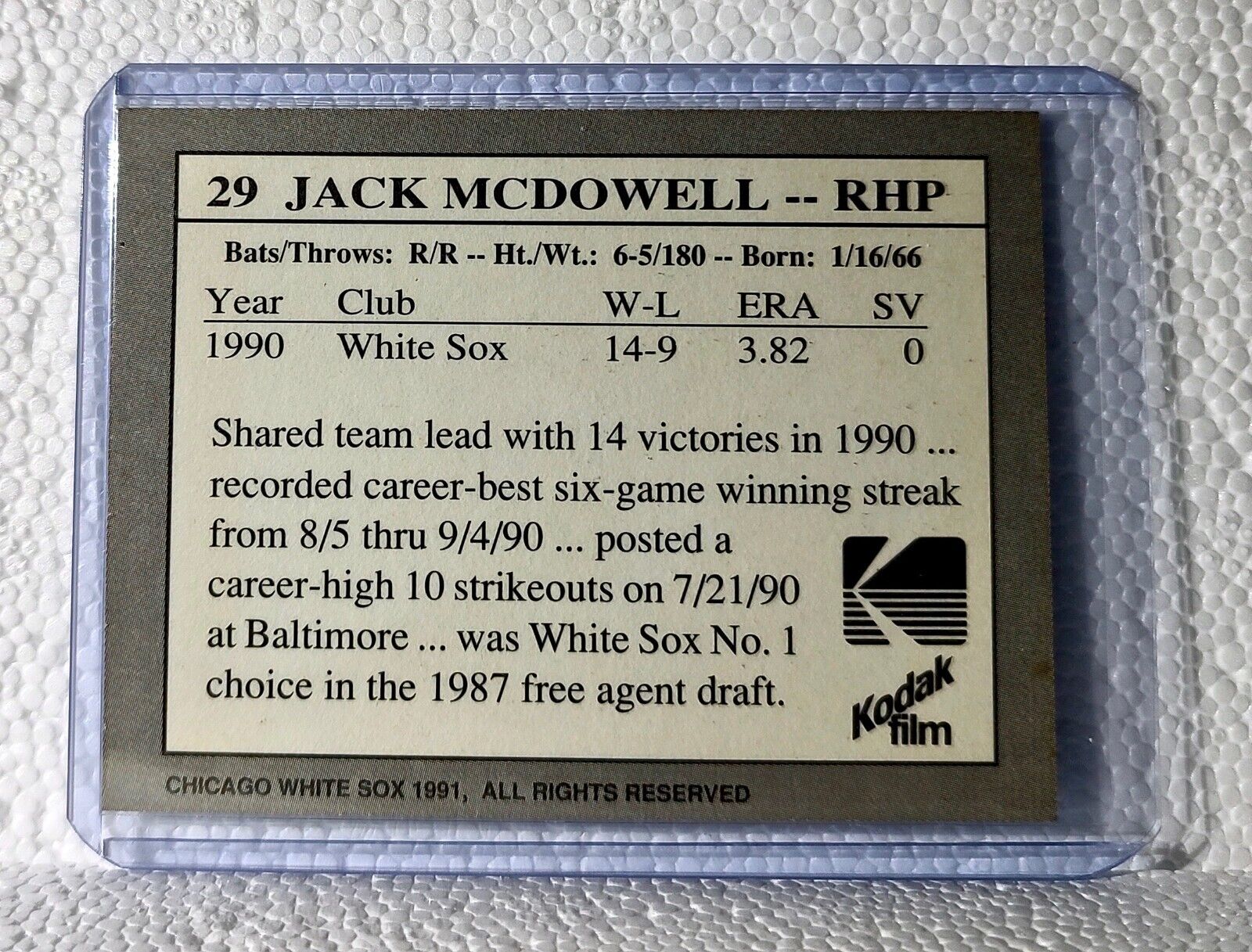 Jack McDowell 1991 Kodak Film MLB #29 Baseball Card Chicago White Sox