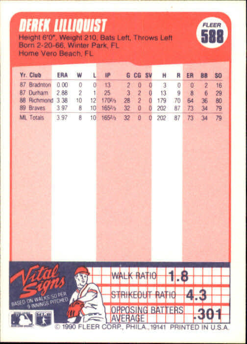 1990 Derek Lilliquist Fleer Baseball Card #588