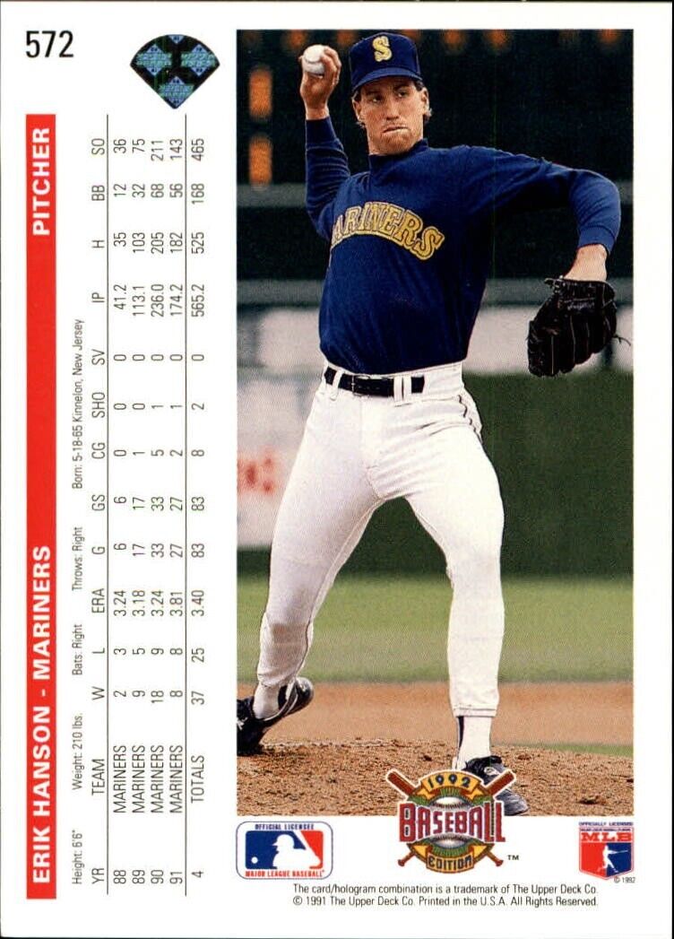 Erik Hanson 1992 Upper Deck MLB #572 Baseball Card Seattle Mariners