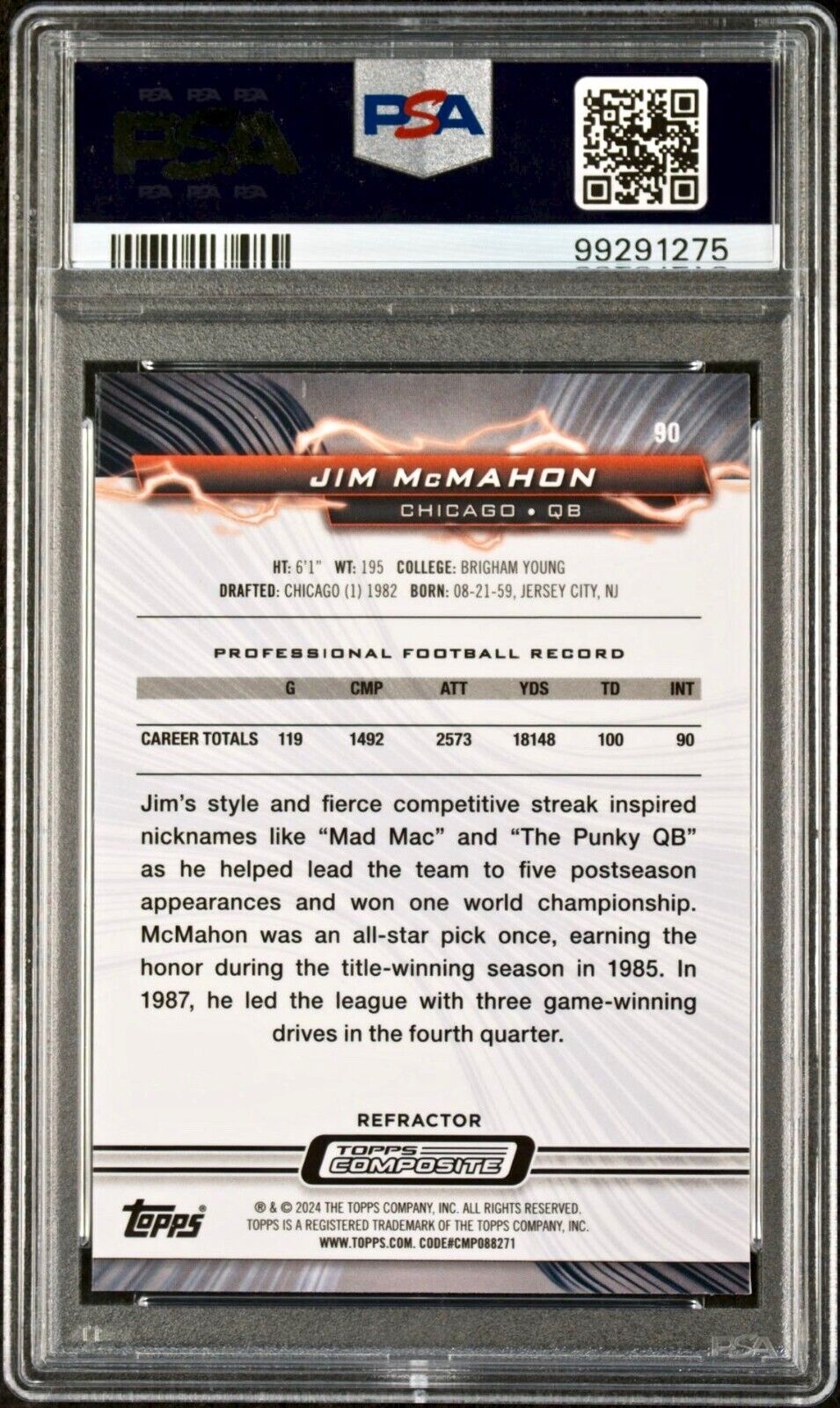 Jim McMahon 2023 Topps Resurgence Refractor NFL #90 Football Card PSA 10 Gem