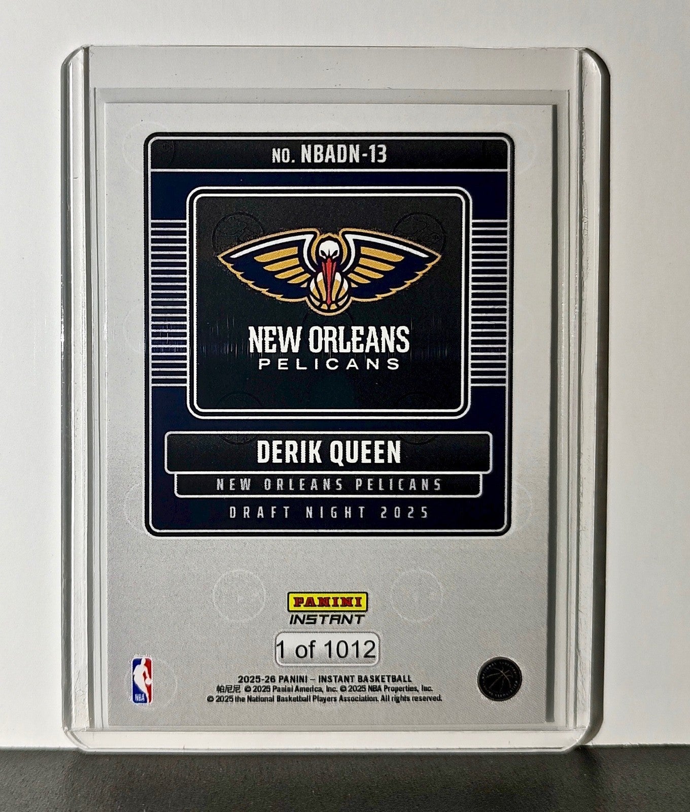 Derik Queen Rookie 2025-26 Panini NBA #13 Draft Night Card New Orleans Pelicans