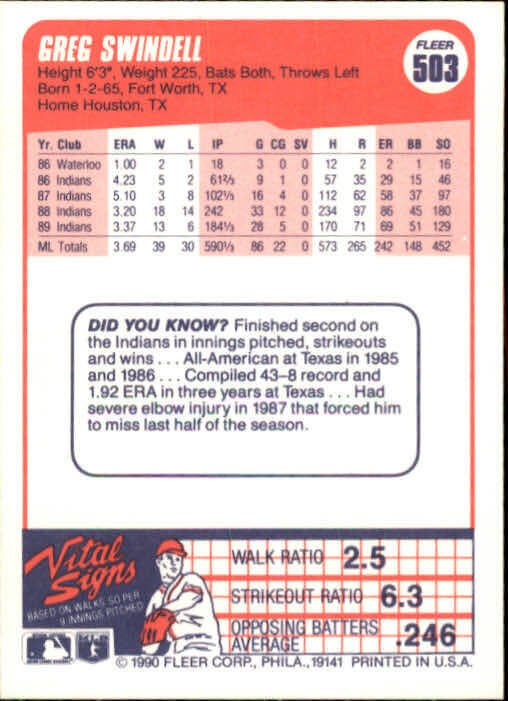 1990 Greg Swindell Fleer Baseball Card #503