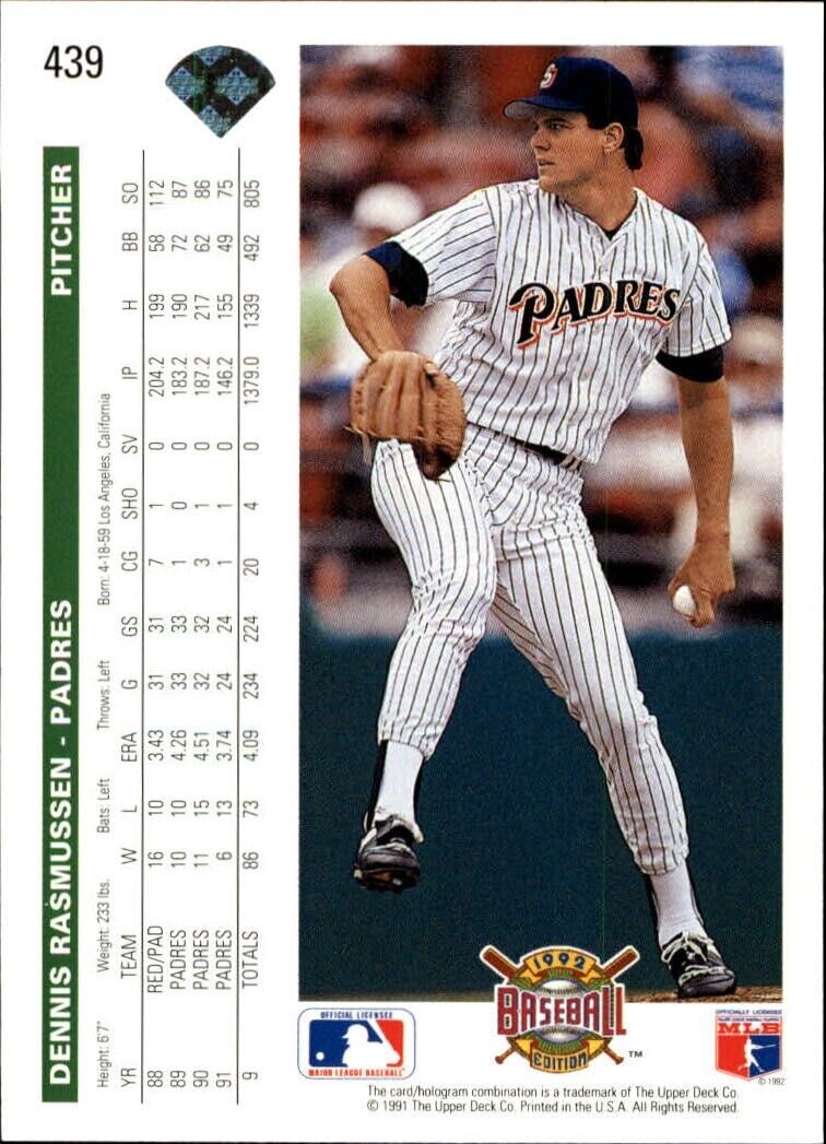 Dennis Rasmussen 1992 Upper Deck MLB #439 Baseball Card San Diego Padres