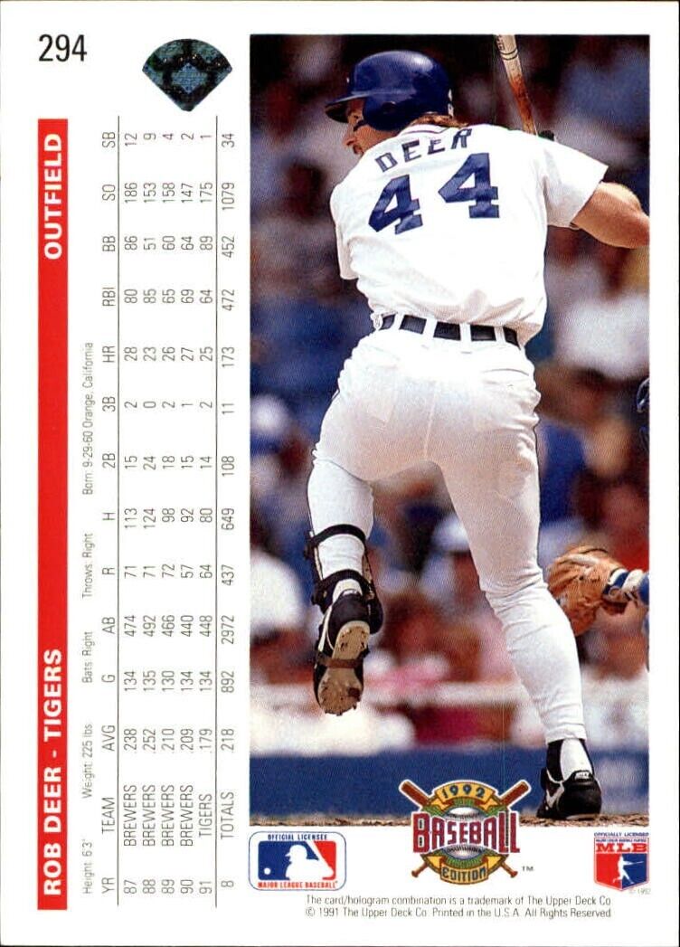 Rob Deer 1992 Upper Deck MLB #294 Baseball Card Detroit Tigers
