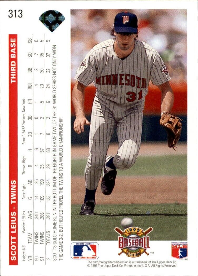 Scott Leius 1992 Upper Deck MLB #313 Baseball Card Minnesota Twins