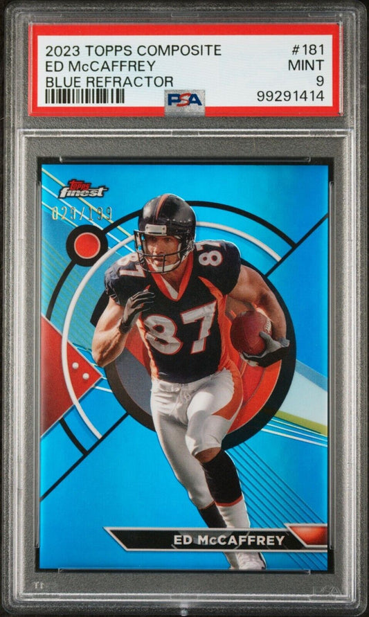 Ed McCaffrey 2023 Topps Finest NFL #181 Blue Refractor 029/199 Card PSA 9 Mint