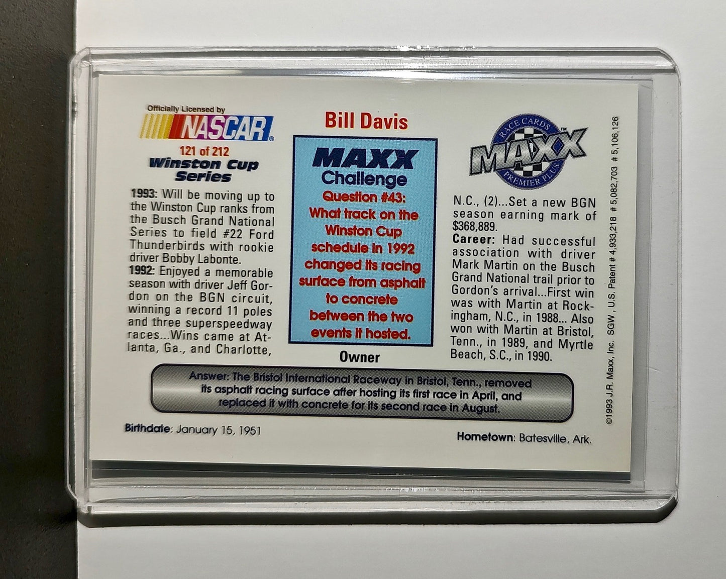 Bill Davis 1993 Maxx Premier Plus Racing #121 NASCAR Card Bill Davis Racing