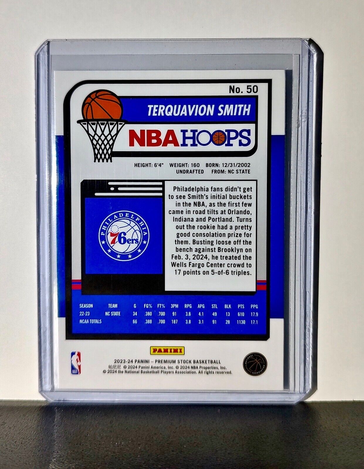 Terquavion Smith 2023-24 Panini Premium Stock NBA Hoops #50 Rookie Card 76ers