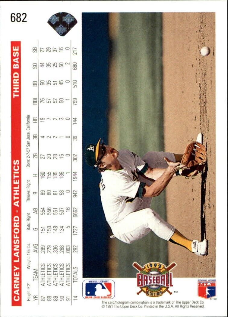 Carney Lansford 1992 Upper Deck MLB #682 Baseball Card Oakland Athletics